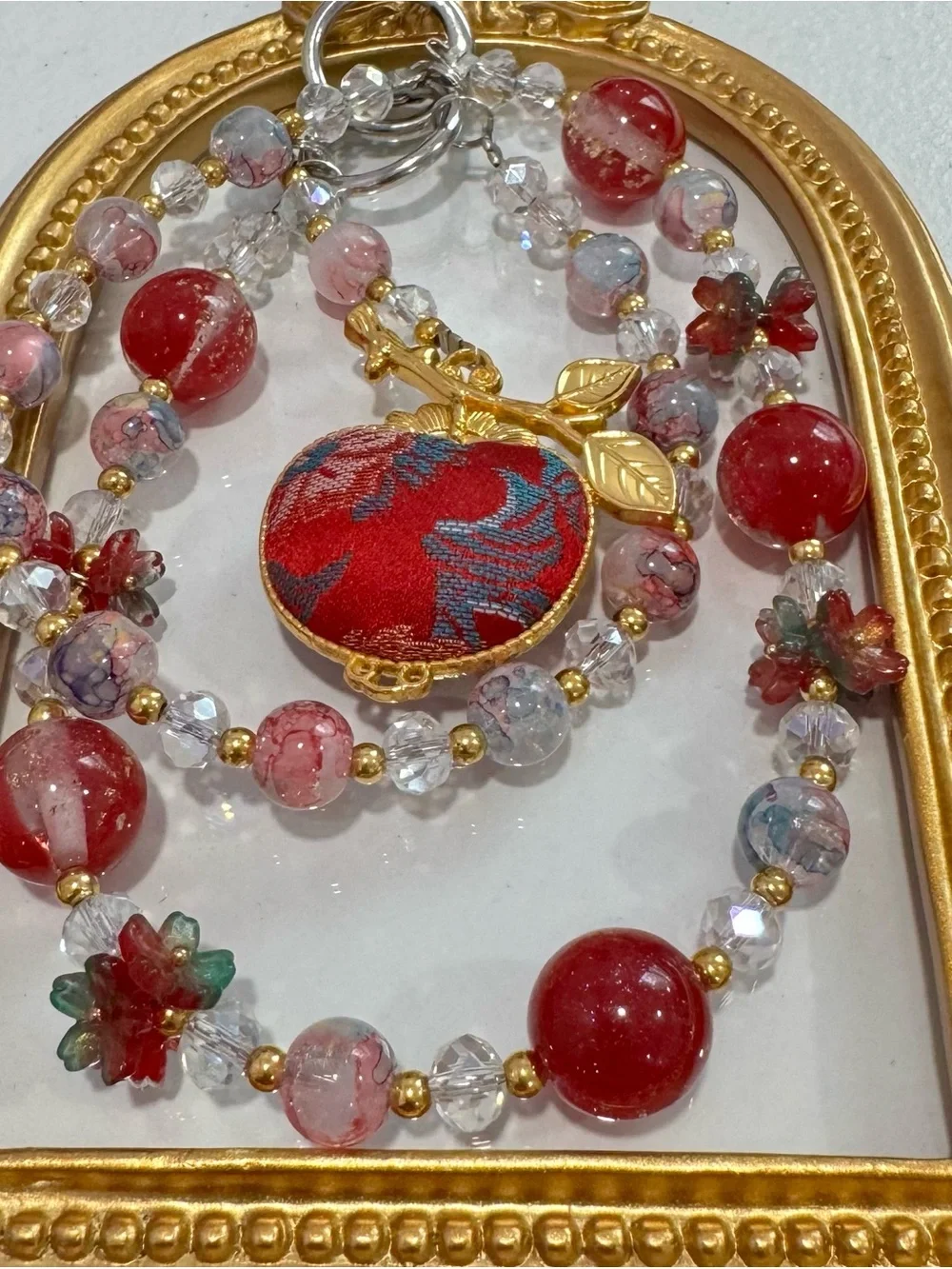 New Red Floral Beaded Phone Chain with Gold Accents